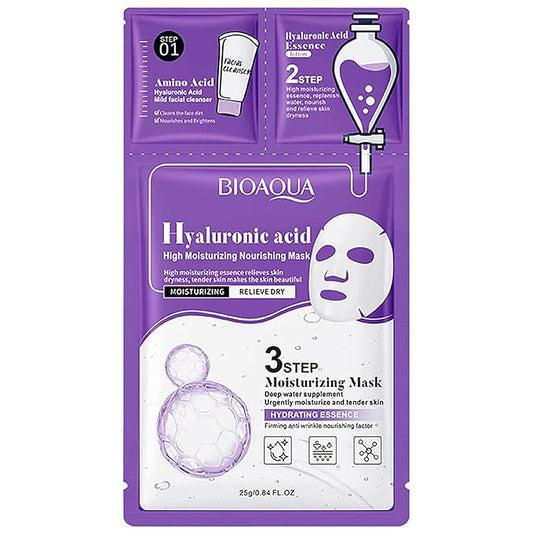 BIOAQUA 3 Step Facial Mask Amino Acid Cleanser Essence Lotion Face Mask 5x(0.8ml+0.8g+25g) (Hyaluronic Acid Moisturizing & Nourishing Mask)
