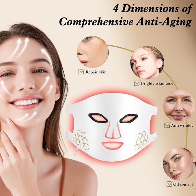 Red Light Therapy for Face, Infrared LED Face Mask Light Therapy 4 Light Waves with 850nm Near Infrared, Portable Rechargeable Red Light Therapy Mask Skincare Device for Facial Rejuvenation