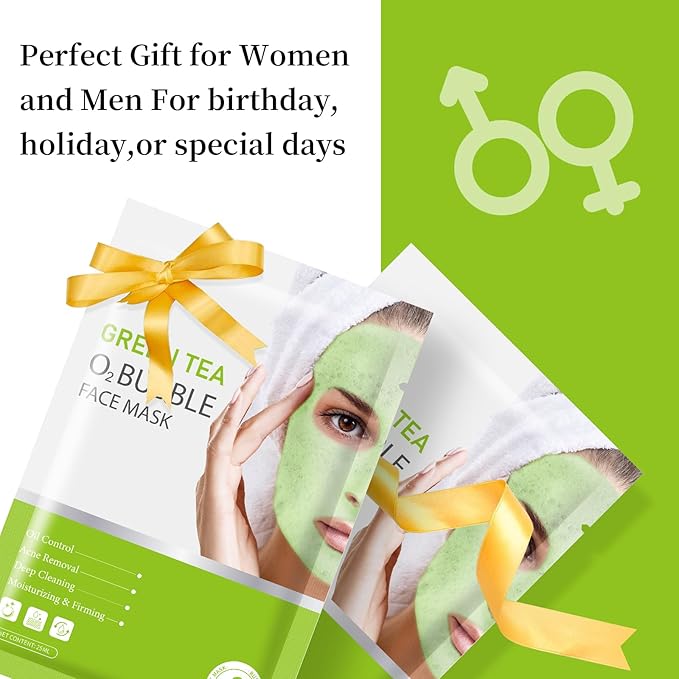 IREV 10 Pack Green Tea O2 Bubble Face Masks Sheet, Bubble Facial Mask, Foaming Face Mask, Purifying Facial Mask for Acne and Pores, Moisturizing Spa Face Masks Skincare, Brightening Beauty Masks