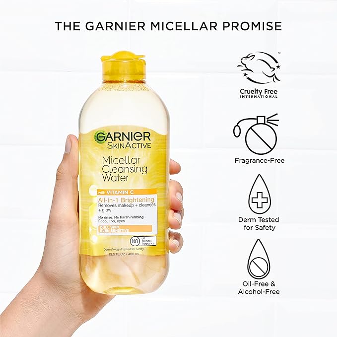 Garnier Micellar Water with Vitamin C, Facial Cleanser & Makeup Remover, Brightening & Hydrating, For All Skin Types, Vegan, Cruelty Free, 13.5 Fl Oz (400mL), 1 Count