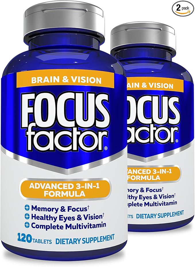 Focus Factor Adults Brain and Vision Supplement, 120 Count- Eye Vitamin, Mineral Supplement, Complete Multivitamin with Lutein & Zeaxanthin-Brain Supplement for Focus, Concentration, Memory (2 Pk)