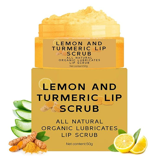 Turmeric Lemon Lip Scrub, Turmeric Lip Exfoliator with Aloe Vera Gentle Exfoliant Natural Lip Scrub for Dry, Chapped, Reduce Fine Lines Lip 50g