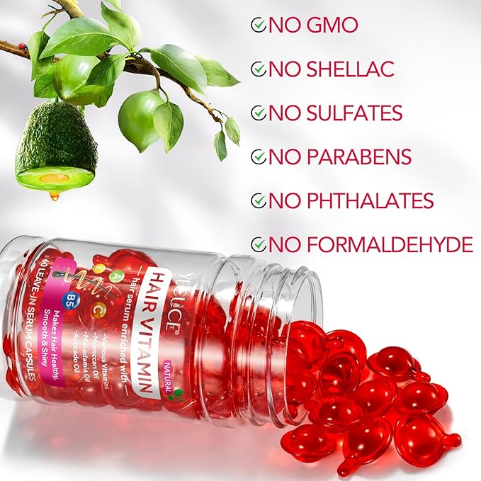 Hair Treatment Serum Hair Vitamin Capsules 60Pcs, with Vitamin A C E Pro B5, No Rinse with Argan Macadamia/Avocado Oil for Hair Repair, Smooth & Anti Frizzy (red, 60)