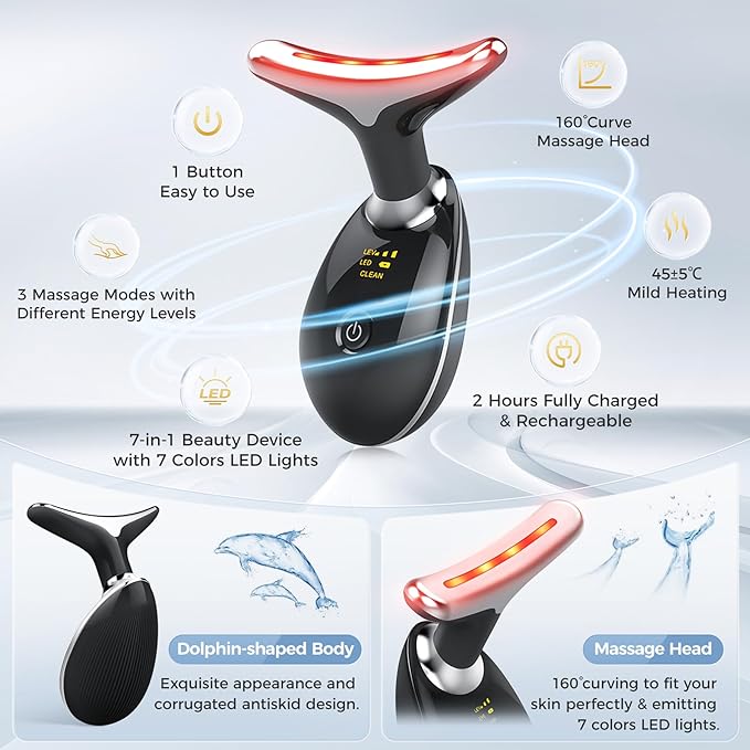 7-in-1 Deplux Face Neck Massager for Skin Care at Home, Facial Massager Glossy Black