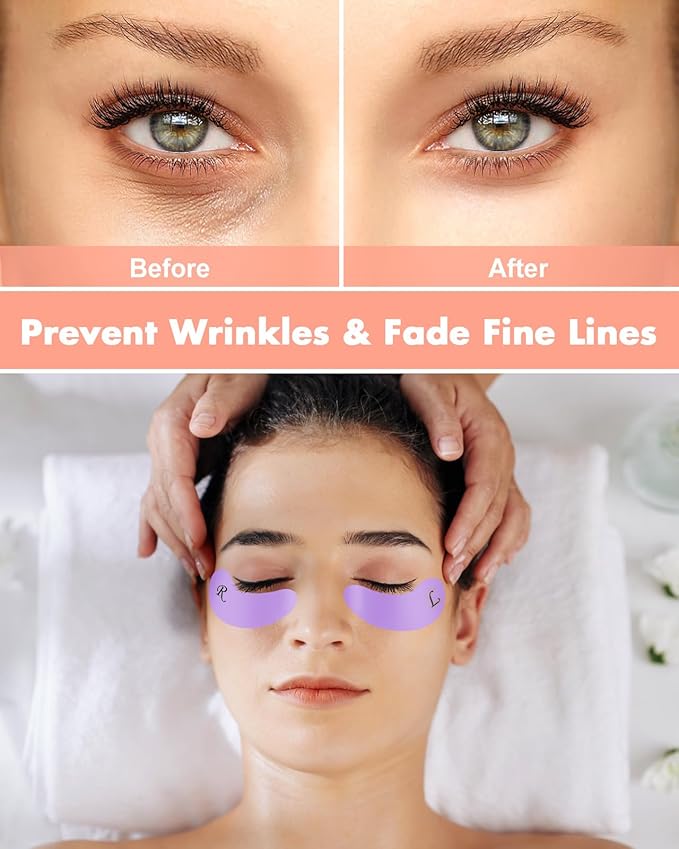 5 Pairs Reusable Under Eye Wrinkle Patches Silicone Mask, Plump Fine Lines & Wrinkles, with Metal Eye Cream Applicator, Tin Case, Purple&Pink&Cream