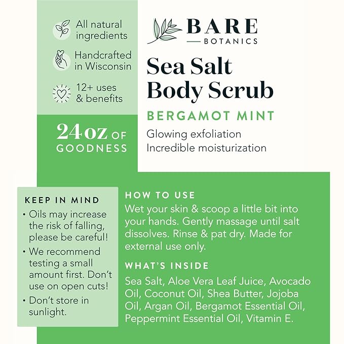 Bare Botanics Bergamot Mint Body Scrub 24oz | Made in Madison, WI | All Natural Sea Salt Exfoliator w/ Skin Loving Moisturizers | Vegan & Cruelty Free | Gift Ready Packaging w/ a Cute Wooden Spoon