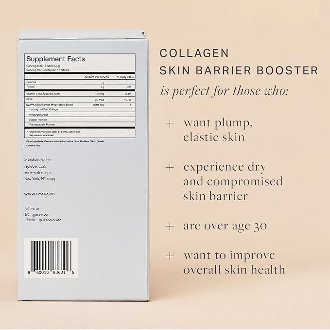 Marine Collagen Powder Skin Barrier Booster | Unflavored Fish Collagen Peptides with Elastin, Hyaluronic Acid, Biotin & Vitamin C | 15 Travel Stick Packets