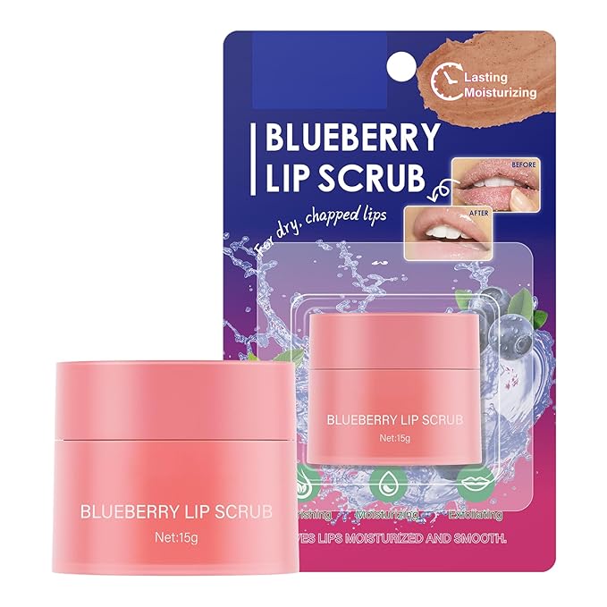 Blueberry Lip Scrub for Women Dry, Cracked and Dark Lips – Lip Scrubber Exfoliator and Organic Lip Scrubs Exfoliator and Moisturizer with Lip Brush – Vegan, Cruelty-Free Lip Care Products