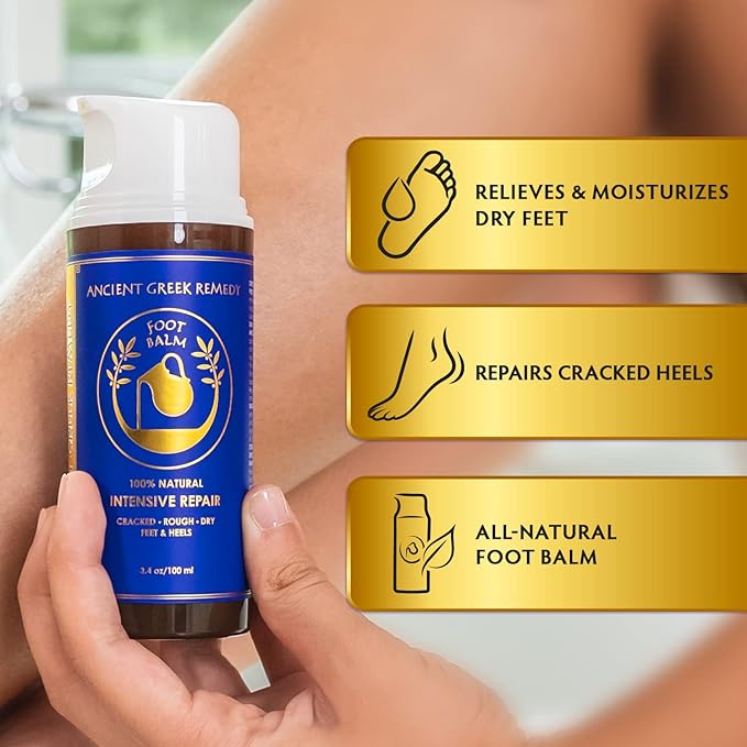 Ancient Greek Remedy Organic Foot Balm for Dry Cracked Feet and Heels, Made of Almond, Olive, Jojoba, Lavender, Vitamin E Oil. Natural Cream Moisturizer for Dry Skin Care for Women, Men