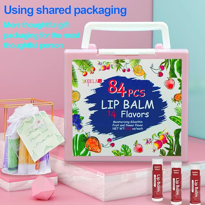 84 Pack Natural Lip Balm Bulk with Vitamin E and Coconut Oil - Moisturizing, Sootand cracked Lips, Mini Chap Stick Gifts for Kids Women Men- 14 Flavors - Non-GMO
