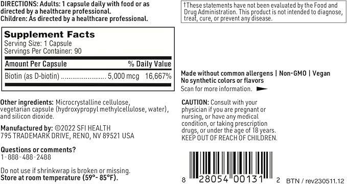 Klaire Labs 5000mcg Biotin Pills - High Potency Biotin Supplement - Vitamin Involved in Skin & Hair Nutrition - Corn-Free, Small, Easy-to-Swallow Hypoallergenic Biotin Pills (90 Caps)