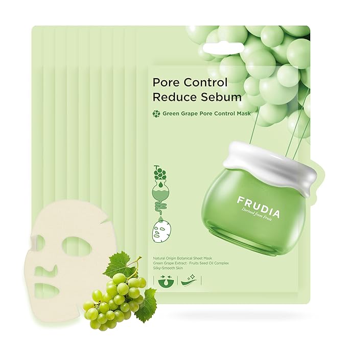 FRUDIA Green Grape Pore Control Face Mask Sheets (10 Pack), Korean Face Masks with 60% Green Grape Extract, Tannin Pore Complex & Anti Sebum P for Hydrating & Pore Minimization