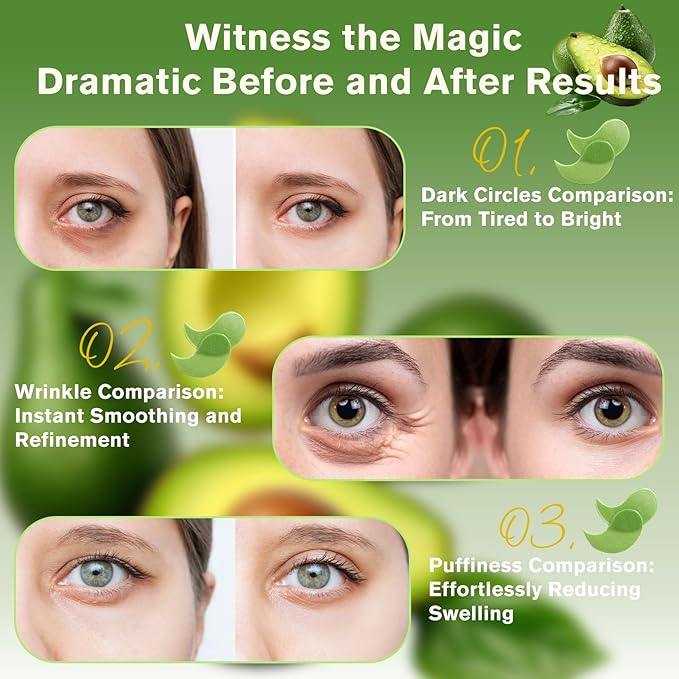 Nourishing Avocado Eye Patches 2-Pack 120 PCS, Collagen Eye Mask for Anti-oxidation and Hydration, Under Eye Patches Suitable for Both Men and Women
