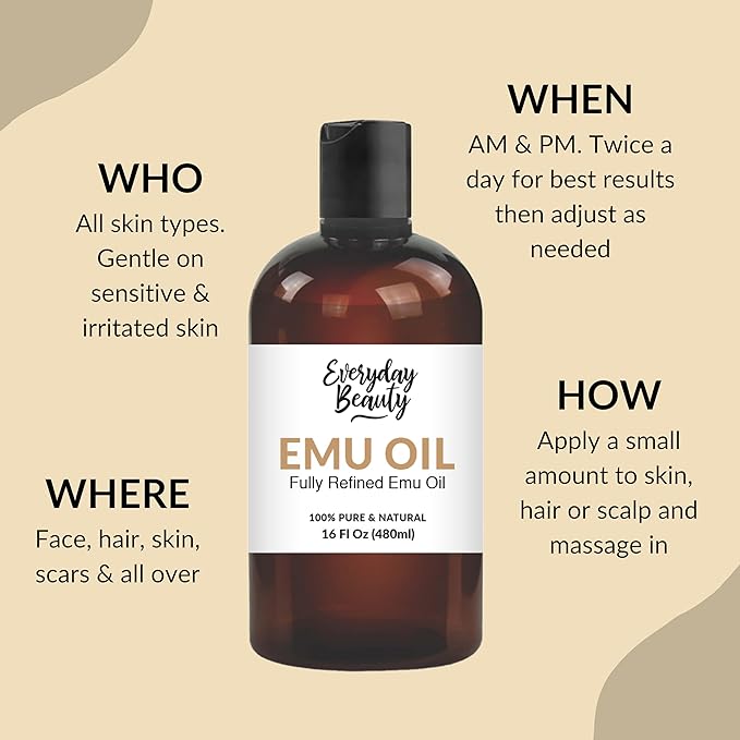 Emu Oil Bulk - 16 oz Pure & All Natural Refined Australian Emu Oil for Face, Skin and Hair - Great for Sensitive Skin and Hair Growth - For Scars and Piercings - High in Omega 3, 6 and 9 Fatty Acids