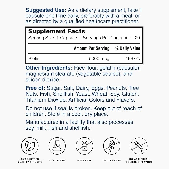 Nature's Lab Biotin 5000 mcg - Promotes Healthy Hair, Skin & Nails - 120 Capsules (4 Month Supply)