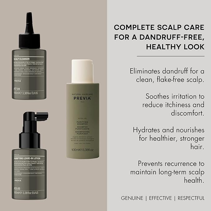 Previa Extralife Anti-Dandruff Scalp Treatment Kit, Purifying Shampoo, Scalp Cleanser and Leave-In Lotion, 3.38 Floz each