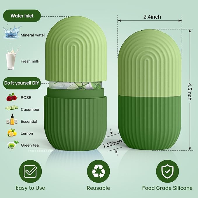 Ice Roller for Face and Eye，Ice Cube Roller Massager for Skin Women Care Tools, Naturally Conditioning De-Puff Eye Bags, Reduce Migraine Pain， Reusable Massage Silicone Ice Mold （Green）