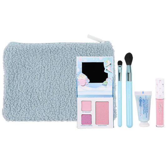 Petite 'n Pretty Sparkle Storm Makeup Gift Set for Kids, Tweens and Teens - Cool Vibes Eye & Cheek Palette, Brushes, 10K Shine Lip Gloss, Sparkly Ever After All Over Glitter in Blue Sherpa Bag