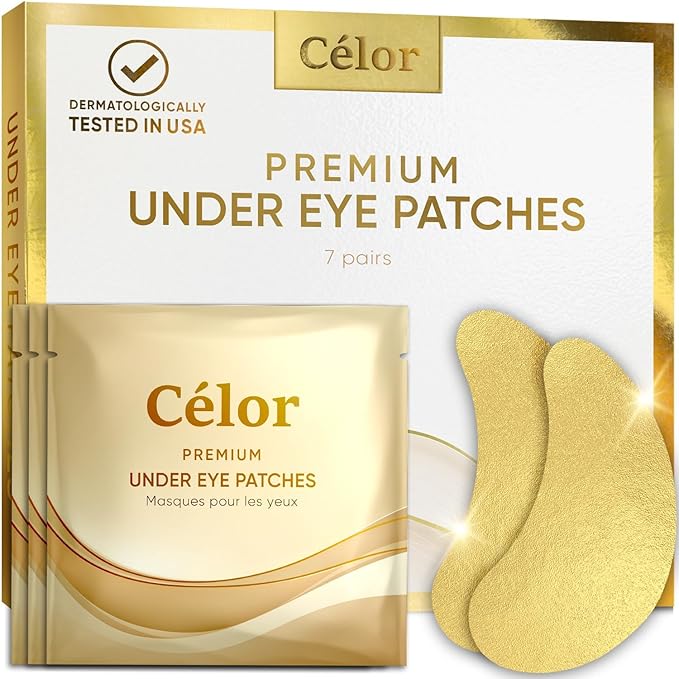 CÉLOR Under Eye Patches Premium - Golden Under Eye Mask Enriched with Hyaluronic Acid, Caffeine, Tea Tree & Collagen, under eye Patches for Women & Men (7 Pairs)