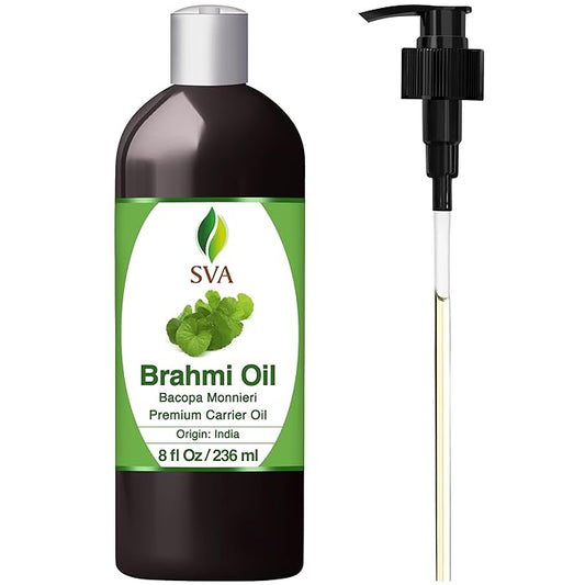 SVA Brahmi Oil - 8 Fl Oz – 100% Natural Cold Pressed Brahmi Oil - for Face, Skin Care, Hair Care, Scalp Massage & Body Massage – Carrier Oil with Pump