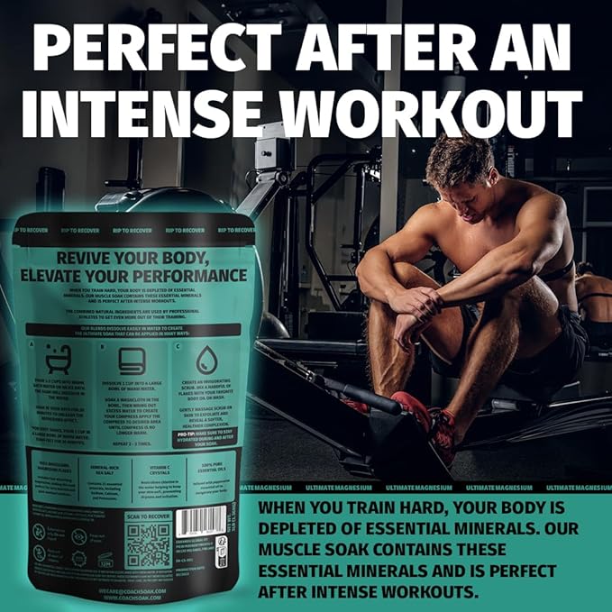 Coach Soak: Recovery Bath Soak - Fast-Absorbing Magnesium Flakes - Bath Salts with 21 Minerals & Essential Oils for a Rejuvenating Post-Workout Soak - Made in USA (Cooling Peppermint)
