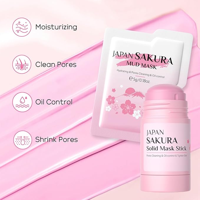 Sakura Face Mask Stick, Deep Cleanse Mask For Acne & Oily Skin, Dead Sea Mud Mask Stick For Face Deep Pore Cleansing Exfoliating, Travel Clay Mask For Pores, Oil Control Facial Masks For Women