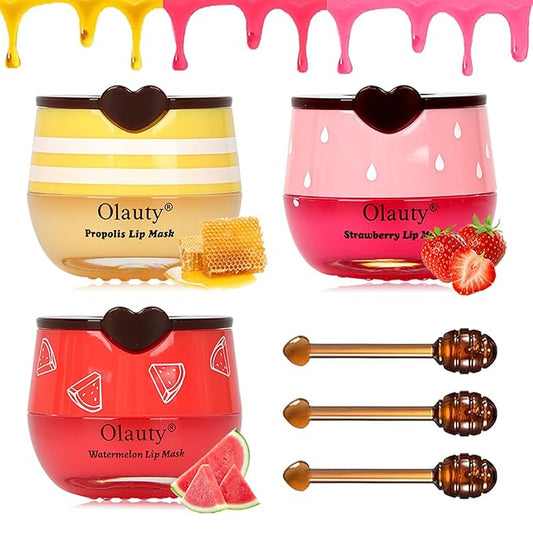 Sulily 3 Pcs Bee Balm Lip Balm Honey Pot,Honey&Strawberry&Watermelon Lip Sleeping Mask Hydrating Prevention Dry and Cracked Lip Scrubs Exfoliator Lip Care,Lip Mask Overnight Reduces Lip Lines