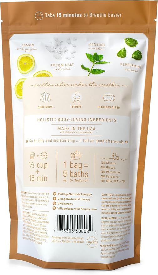 Village Naturals Breathe Foaming Body Soak, Epsom Salt, Essential Oils, Soothing Bubbles, Sea Salt 36 oz, Pack of 2