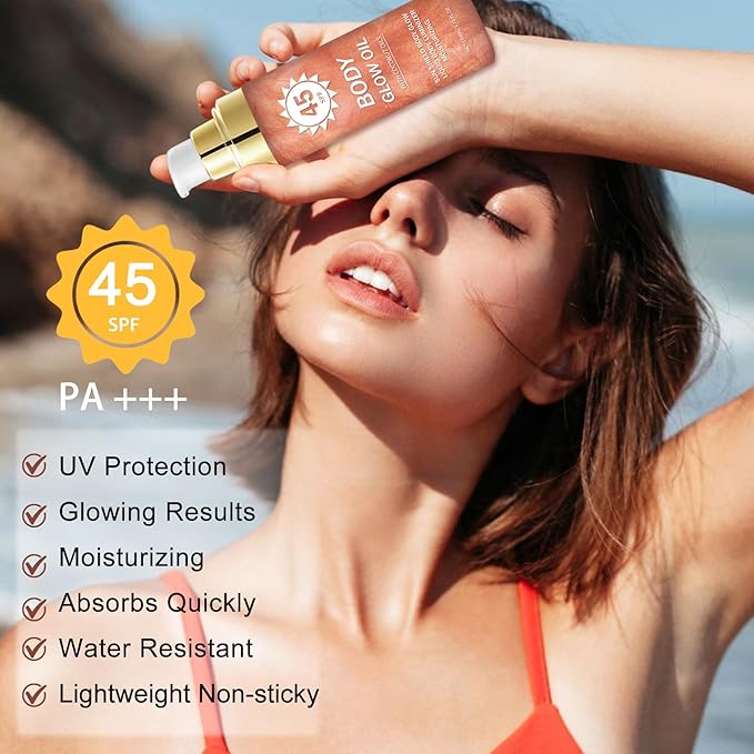 Body Glow Oil,SPF 45 Broad Spectrum,Body Oil Shimmer Sunscreen with Rose Gold Mica,Lightweight Non-Sticky,Moisturizing Coconut,Absorbs Quickly,3.72 fl oz,ROSE