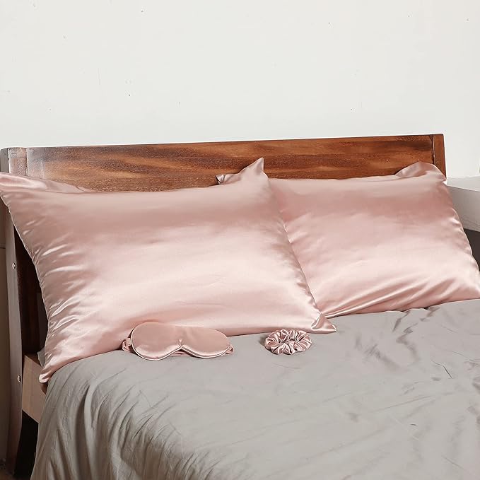 2 Pack Satin Pillowcase with Latent Zipper, Adjustable Satin Eye Mask for Sleeping and Satin Volume Scrunchie for Hair and Skin, Standard Size (Light Pink,Classic Style)
