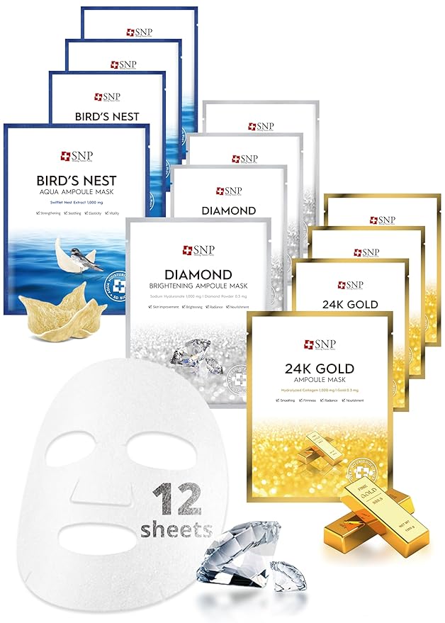 [K Beauty Snp] Variety Ampoule Sheet Mask Set | Bird's Nest, 24K Gold, and Diamond Face Mask | Hydrating, Moisturizing, Nourishing for Sensitive Facial Skin | Korean Face Masks Skincare | 12 Sheets