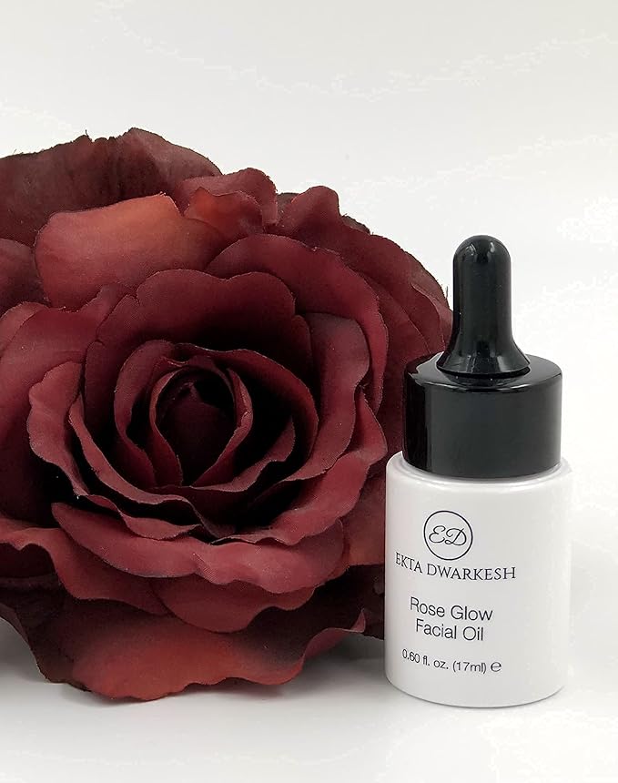Rose Glow Facial Oil (with Rose extracts, Jojoba oil and vitamin E) Hydrates & Provides Antioxidant Benefits (0.60 fl. oz.) Vegan and Cruelty Free