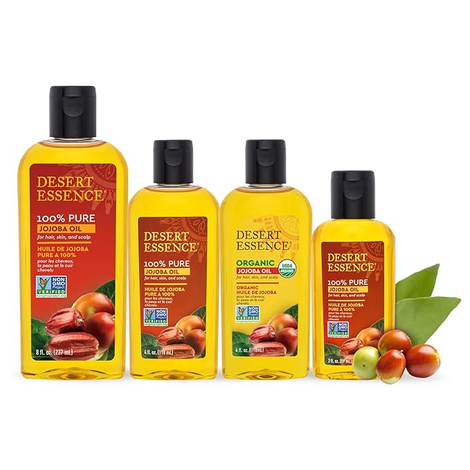 Desert Essence 100% Pure Jojoba Oil – 8 Fl Oz Moisturizer for Hair, Skin & Scalp | Makeup Remover & Aftershave Hydrator, Non-GMO, Vegan, Cold-Pressed, Anti-Flakiness & Non-Clogging Beauty Elixir