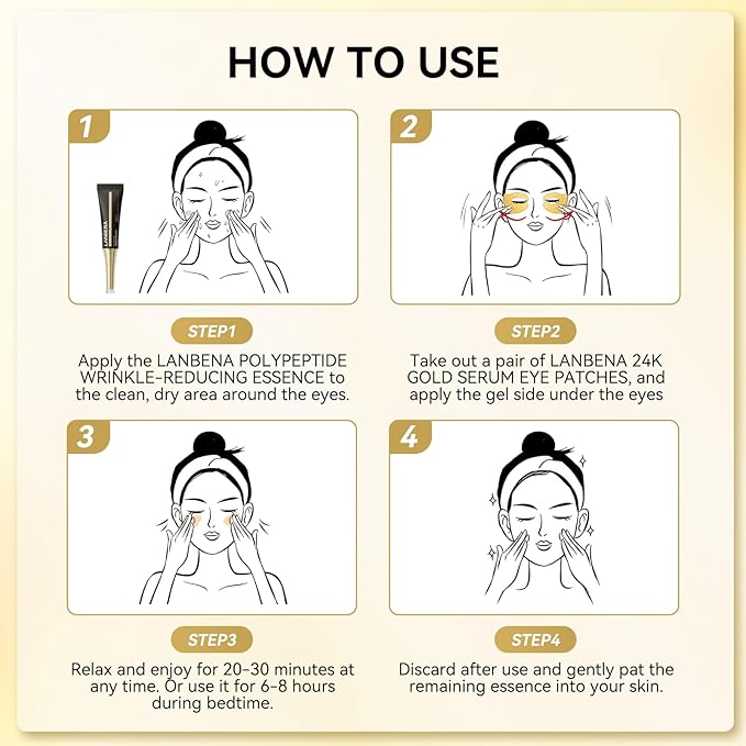 LANBENA Full-Around 24K Gold Eye Patches, Rapid Reduction Eye Essence, Visibly Reduces Under EyeBags, PuffyEyes, Wrinkles, Dark Circles, Fine Lines, EyeSkin Care Treatment Set (6 Pairs, 0.27 FL.OZ)