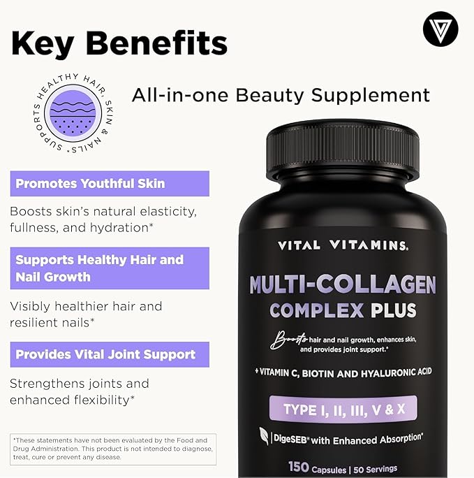 Vital Vitamins Multi Collagen Plus (2-Pack) - with Biotin, Hyaluronic Acid, Vitamin C - Type I, II, III, V, X - for Women & Men - Hair, Skin, Nails Beauty Complex - 300 Capsules