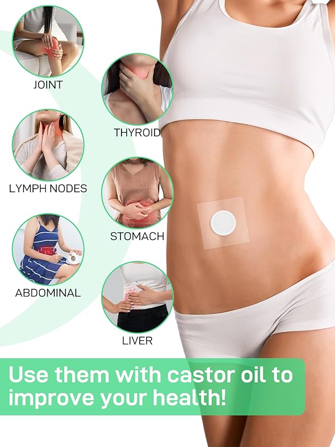 24Pcs Disposable Castor Oil Belly Button Patches PU Film, Self-Adhesive Castor Oil Pack Wraps with Organic Cotton Pad for Belly Button Cover, Water-Resistant, Anti Leakage, 3.1 x 3.1 Inch
