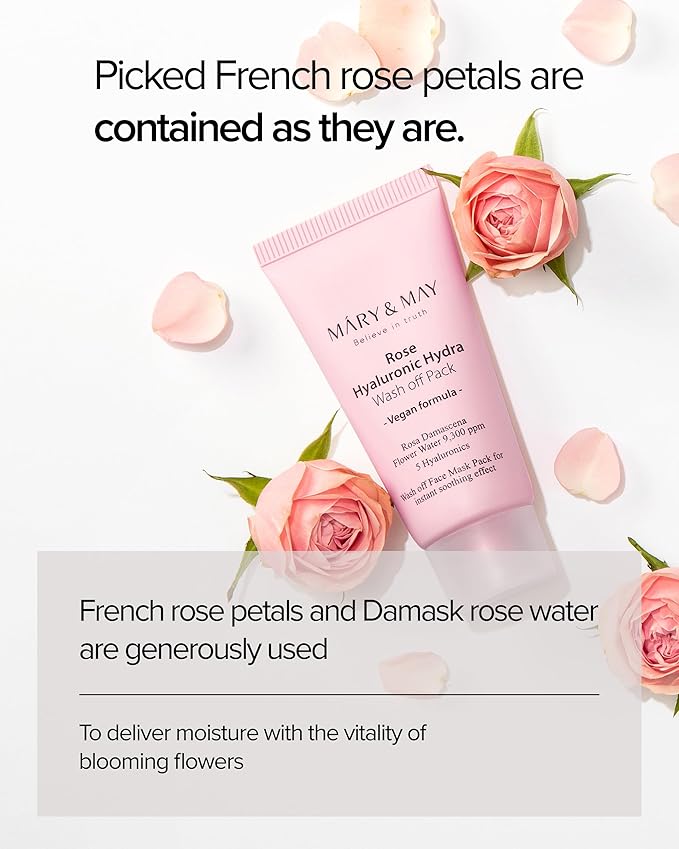 Mary&May Vegan Rose Hyaluronic Hydra Wash Off Mask - Rose Petal and Damask Rose Water Cream Mask for Moisturizing, Exfoliation, and Blackhead Removal - Korean Skincare, 1.01oz.