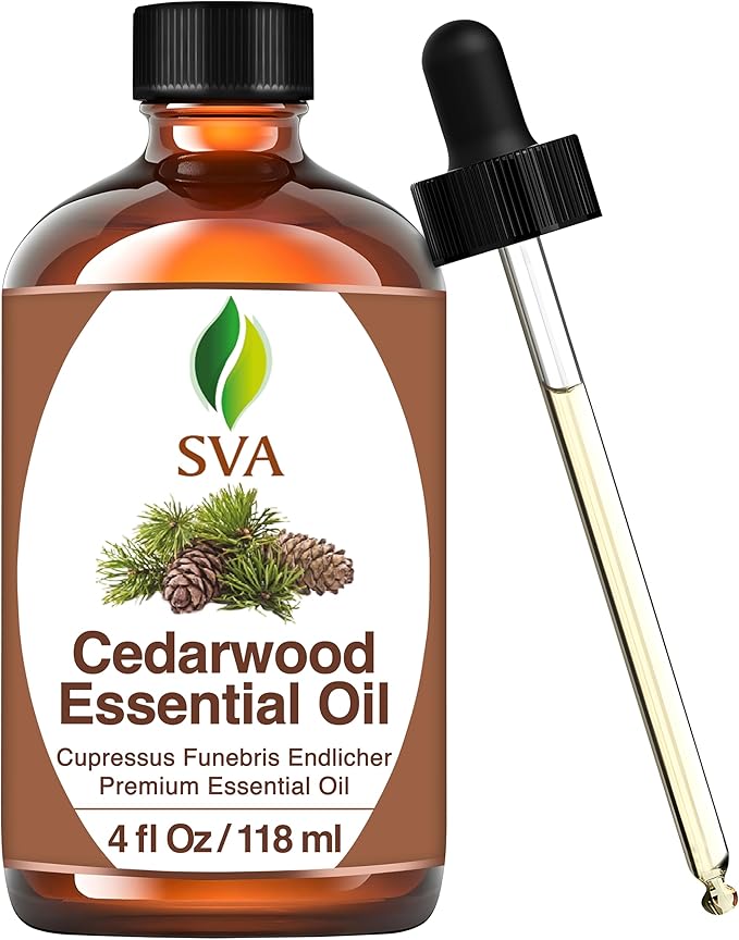 SVA Cedarwood Essential Oil – 4 Fl Oz – 100% Natural Cedar Cupressus Funebris Oil - for Diffuser, Hair Care, Face, Skin Care, Aromatherapy, Scalp and Body Massage, Soap and Candles - with Dropper