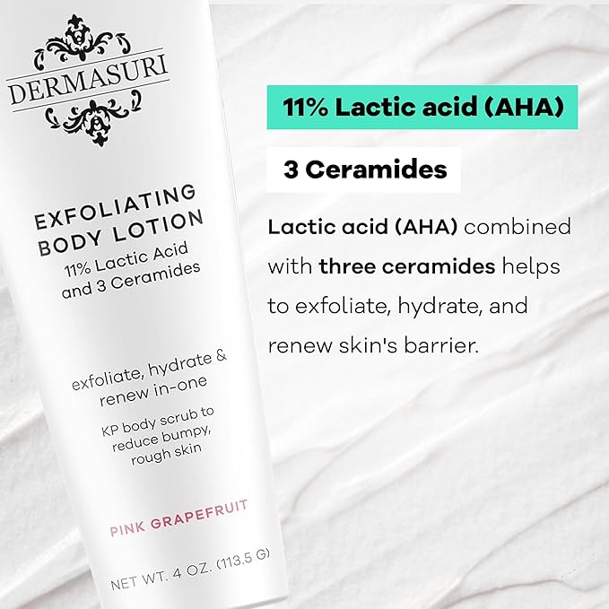 Dermasuri Exfoliating Body Lotion - Grapefruit KP Bump Eraser Body Scrub - Rough and Bumpy Textured Skin Lotion - Moisturizer for Dry Skin and Body - Hydrating Care Treatment, Travel Size - 4 Ounces