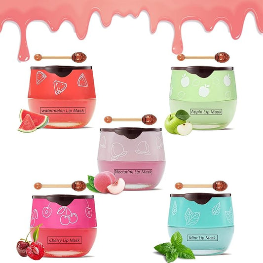 5PCS Bee Lip Balm Honey Pot，Mint&Juicy Peach&Watermelon&Cherry&Apple&Coconut Lip Mask Overnight Propolis Moisturizing Lip Balm Hydrating Prevention Dry and Crack Lip Scrubs Exfoliator Lip Wrinkle Care