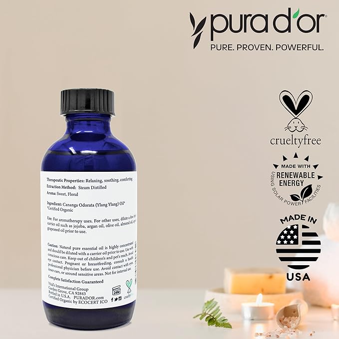 PURA D'OR Organic Ylang Ylang Essential Oil (4oz with Glass Dropper) 100% Pure & Natural Therapeutic Grade for Hair, Body, Skin, Aromatherapy Diffuser, Relaxation, Massage, Mood, Antioxidant Support