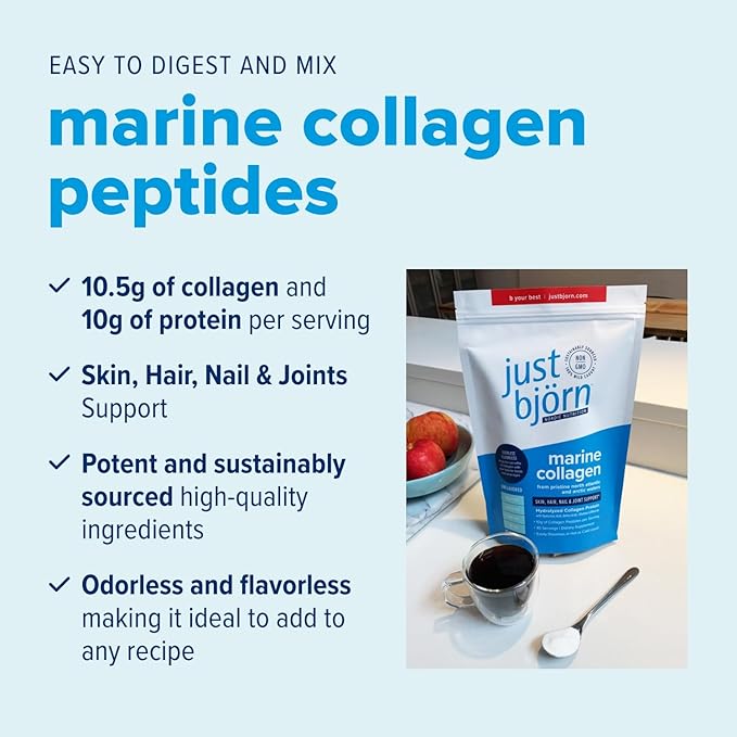 Just Bjorn Marine Collagen Peptides Powder for Women & Men - Skin, Hair, Nail and Joint Support - Hyaluronic Acid, Vitamin C, Amino Acids - Unflavored (30 Servings / 11.5 Ounce)