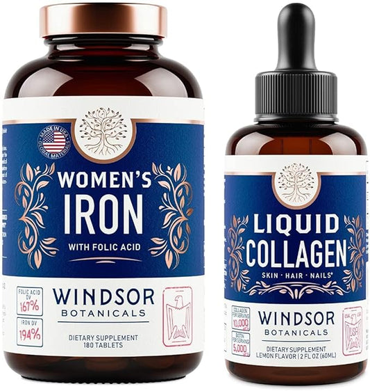 WINDSOR BOTANICALS Liquid Collagen and Iron for Women Beaty and Wellness Bundle