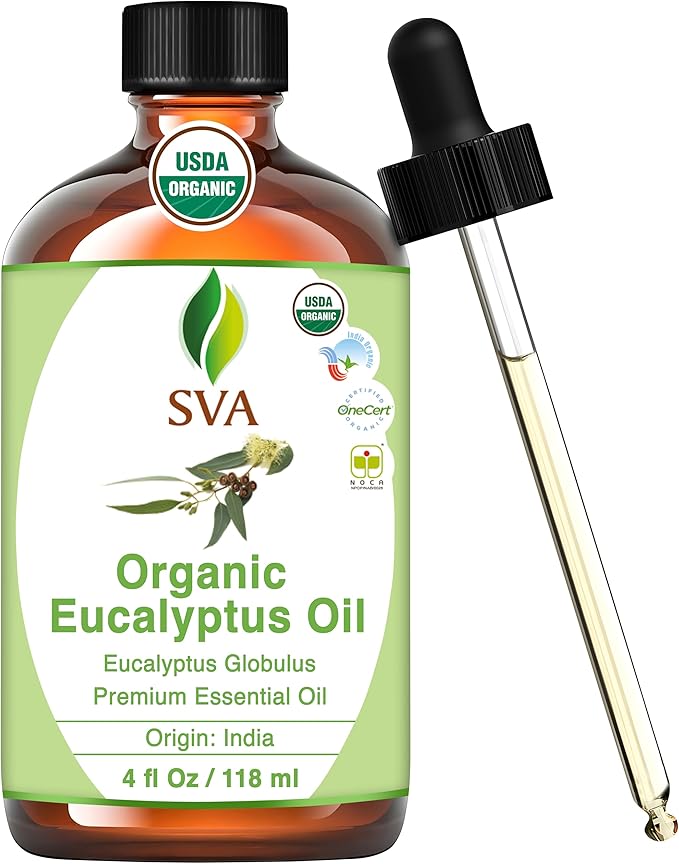 SVA Eucalyptus Essential Oil Organic – 4 Fl Oz – 100% Natural Organic Eucalyptus Oil - for Diffuser, Hair, Face, Skin Care, Aromatherapy, Scalp and Body Massage, Soap and Candle Making - with Dropper
