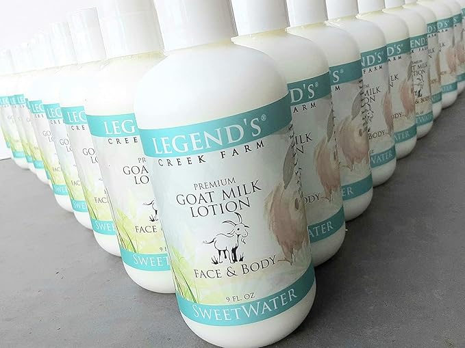 Legend's Creek Farm Goat Milk Lotion - Moisturizing Goat Milk Body Lotion for Body, Hand & Face - 9 oz Body Moisturizer with Shea Butter, Sunflower Oil, Aloe, Handmade in USA (2-pack, Sweetwater)