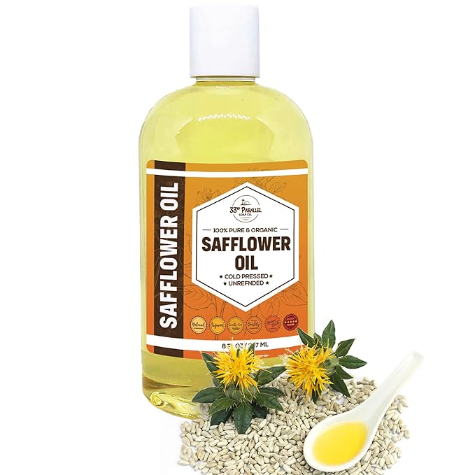 ORGANIC SAFFLOWER OIL (8 oz) Premium Cold Pressed Unrefined | 100% Pure Safflower Oil for Skin, Face, Hair, Soap Making | Carrier for Essential Oils | Available in Bulk | 8 FL OZ