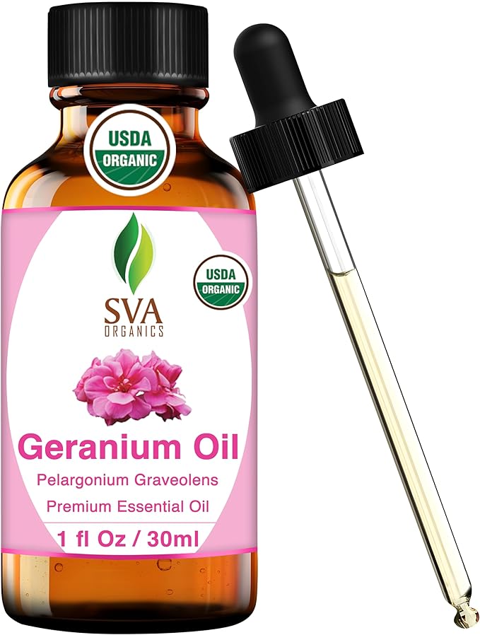 SVA Geranium Essential Oil Organic – 1 Fl Oz – 100% Natural Organic Geranium Oil - for Diffuser, Hair Care, Face, Skin Care, Aromatherapy, Scalp and Body Massage, Soap and Candle making – with Dropper
