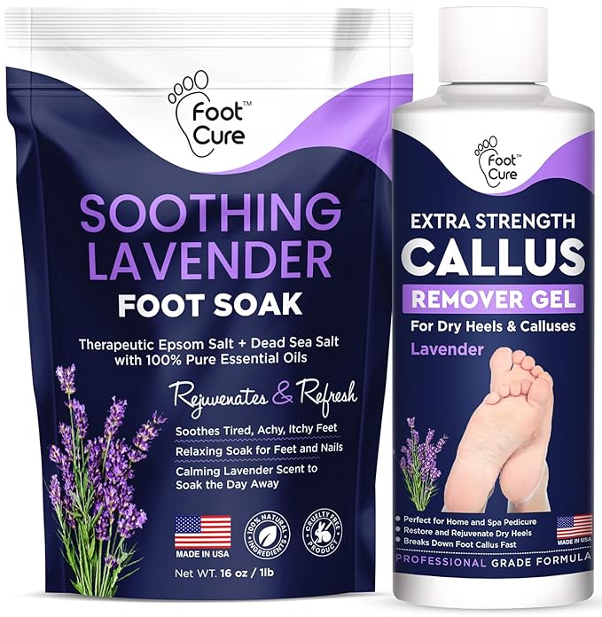 Lavender Foot Soak & Callus Remover Gel Kit - Extra Strength Callus Remover Gel for Feet, Remove Calluses with Epsom Salts, Dry Cracked Heels & Foot Odor, at Home Pedicure - Foot Care for Tired Feet