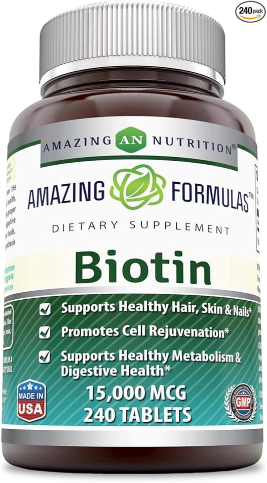 Amazing Formulas Biotin 15000 mcg - Supports Healthy Hair, Skin & Nails - Promotes Cell Rejuvenation - Supports Healthy Metabolism & Digestive Health (240 Tablets) (Non GMO-Gluten Free)