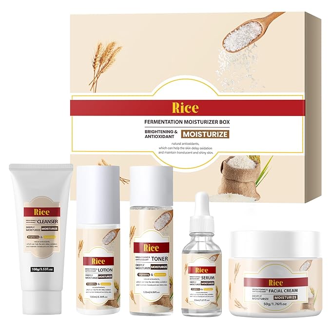 Rice Water Skin Care Set for Women & Men & Teens & Girls, Facial Kit with Cleanser 3.53oz, Toner 4.06oz, Serum 1.01oz, Lotion 3.38oz, Cream 1.76oz, Teenage Rice Moisturizing Travel Skincare Gift Set